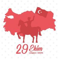29 ekim cumhuriyet bayrami kutlu olsun, turkije republiek dag, rode silhouet soldaat rijpaard met vlag kaart achtergrond vector