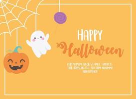 happy halloween hangende pompoenspooksnoep op webkaart vector