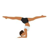 vrouw aan het doen handstand met splitst, variatie van pincha mayurasana yoga oefening. vector