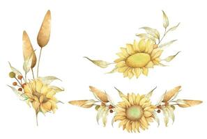 reeks van levendig zonnebloem en bladeren boeket. waterverf illustraties. vector