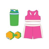 sport- bovenkant, korte broek, sportkleding, halters, shaker. sport apparatuur. geschiktheid voorraad. vector