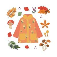 regenjas, eikel, paddestoel, bladeren. Hallo herfst. herfst seizoen element, icoon. vector