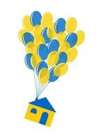 ballonnen geel en blauw vloog in de lucht en opgeheven de huis. schattig afdrukken Aan een wit achtergrond. vector. vector