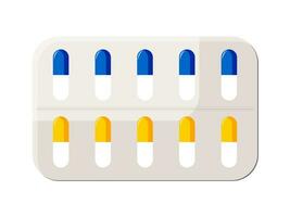 blauw en geel capsule tablets in een blaar pak. geneesmiddelen voor de behandeling van de virus. pijn pillen. vector. vector