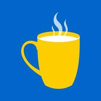 geel schattig mok van heet thee of koffie Aan blauw achtergrond in vlak ontwerp stijl. vector. vector