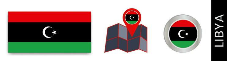 verzameling van Libisch nationaal vlaggen geïsoleerd in officieel kleuren en Libië kaart pictogrammen met land vlaggen. vector