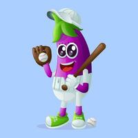 schattig aubergine karakter spelen basketbal vector