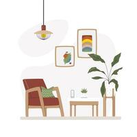 huis kalmte plaats voor ontspannende en lezing. leven kamer zone interieur met koffie tafel en planten. abstract posters muur kunst van regenboog en uitstrijkjes. knus resting Oppervlakte hand- getrokken vlak vector illustratie