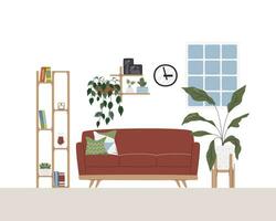 knus interieur tafereel met veel planten. minimalistische midden in de eeuw elegant huis kamer met decor. huis met staan en plank vol van kamerplanten en boeken. leven kamer hand- getrokken vlak vector illustratie