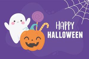 happy halloween pompoen spook snoepjes en web vector