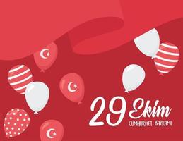 29 ekim cumhuriyet bayrami kutlu olsun, turkije republiek dag, wapperende vlag rode achtergrond ballonnen decoratie vector