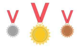 medaille- goud, zilver, bronzen. 1e, 2e en 3e plaats. trofee met rood lintje. vlak stijl - voorraad vector. vector