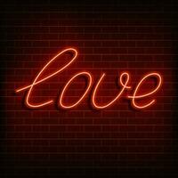 neon woord liefde. een helder rood teken Aan een steen muur. element van ontwerp voor een gelukkig Valentijn s dag. vector illustratie