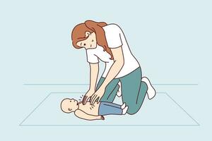 vrouw aan het doen cpr massage naar zuigeling het verstrekken van eerste steun voor hart aanval. meisje met pasgeboren mannequin leert naar Doen cpr Cursus wensen naar worden professioneel kinderarts of verpleegster in kinderen ziekenhuis vector