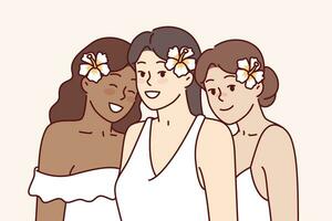 verschillend mooi Dames met bloemen in haar- zijn gekleed in elegant jurken voor bruiloft ceremonie. drie multicultureel jong bruidsmeisjes Bij bruiloft ceremonie of wit partij aanwezigen vector