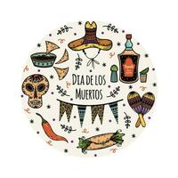 dia de los Muertos vector set. Mexicaans vakantie symbolen - suiker schedel, sombrero, maracas, tequila, taco, burrito, guirlande. accessoires voor de dag van de dood. vlak tekenfilm clip art voor carnaval, afdrukken