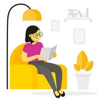 vrouw lezen boek zittend Aan fauteuil. vlak illustratie vector