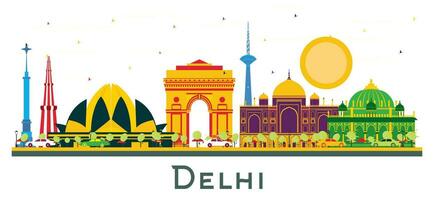 Delhi Indië stad horizon met kleur gebouwen geïsoleerd Aan wit. vector