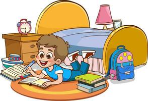 vector illustraties van tekenfilm schattig kinderen lezing een boek in zijn kamer