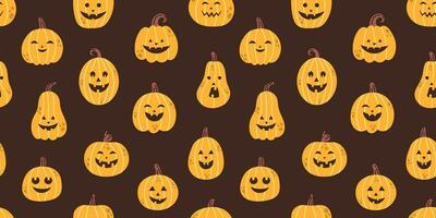 vector halloween naadloos patroon in vlak ontwerp. jack O lantaarn. halloween pompoenen Aan donker achtergrond. halloween pompoenen gesneden gezichten naadloos patroon. eng en spookachtig pompoenen.