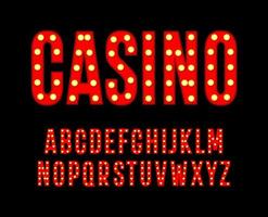 rode letters met gloeilampen. lang en smal alfabet. lettertype voor bioscoop casino poster, carnaval en festival decoratie, gokken nachtclub logo's. vector typografie ontwerp