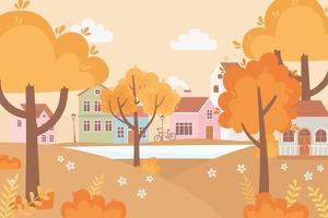 landschap in de herfst natuur tafereel, dorpsstraat fiets huizen bomen gras en bloemen vector