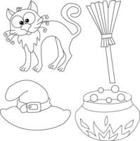 schets halloween clip art reeks bevat een geest, heks hoed, kat , maan, huis, graf, en pompoen vector
