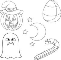 schets halloween clip art reeks bevat een geest, heks hoed, kat , maan, huis, graf, en pompoen vector