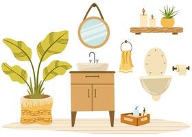 badkamer interieur. toilet, wasbak, spiegel, kamerplant, wasserij mand, plank met binnen- planten en kaarsen. vlak vector illustratie geïsoleerd Aan wit achtergrond