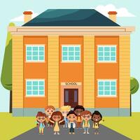 plein school- spandoek. groep van kinderen en school- gebouw. terug naar school- vector illustratie.