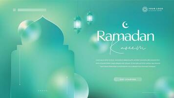 Ramadan kareem landen bladzijde sjabloon ontwerp schoonheid groen holografische glas morph vector