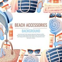 zomer achtergrond met strand accessoires. strand kader gemaakt van rietje tas, hoed en zonnescherm. strand vakantie, vakantie, zomer tijd, zee uitstraling. poster, folder, kaart voor zomer uitverkoop vector