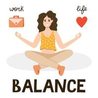 werk leven balans vector concept. een vrouw zit in yoga lotus positie en saldi tussen leven en werk. de keuze tussen familie, vrienden, amusement, liefde en carrière, geld, financiën, functie.