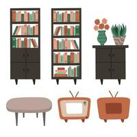 tekenfilm reeks van boekenkasten, koffie tafel, dressoir, retro TV. hout meubilair voor leven kamer interieur in boho stijl. hand- getrokken vector illustratie in beige en groen kleuren. retro knus huis binnen.