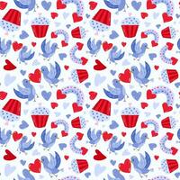 schattig en kleurrijk vector naadloos hand- getrokken patroon met regenboog, geliefde vogelstand met hart, koekje. Valentijnsdag dag illustraties. voor omhulsel papier, beddengoed, notitieboekje, pakketjes, geschenk papier
