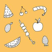 schattig en gemakkelijk tekening reeks van zomer fruit, bessen en andere voedsel. vector clip art illustratie met watermeloen, appel, aardbei, citroen, garnaal, kers. kleurrijk doodles met hand- getrokken schets