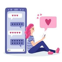 gelukkig jong vrouw zittend achter groot telefoon met romantisch chatten, Holding mobiel. tiener- meisje in liefde chatten met vriendje via smartphone. concept van mobiel app voor daten, lang afstand verhouding vector