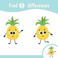 vind verschillen voor kinderen. leerzaam spel voor kinderen. tekenfilm vector illustratie van schattig grappig fruit met gezichten. ananas