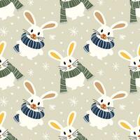 Kerstmis naadloos sjabloon met konijntjes met warm sjaals. vector sjabloon met schattig dieren met groen en blauw sjaals, getrokken met gemakkelijk vormen, voor vakantie het drukken Aan textiel of voorwerp