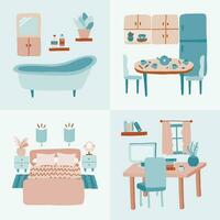 reeks van gedetailleerd slaapkamer, keuken, werkplek, badkamer interieur in tekenfilm stijl. kamers met meubilair en schattig decor in modieus kleuren. tekenfilm hand- getrokken illustratie. knus huiselijk appartement binnen. vector