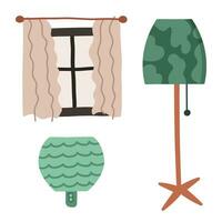 tekenfilm reeks van licht bronnen - venster, fakkels, hangende kroonluchters, lamp voor tafel, vloer. meubilair voor leven kamer interieur in boho stijl. hand- getrokken vector illustratie in beige, groen kleuren.