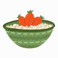 havermout pap, rijst- met aardbei in schattig versierd keramisch schaal. traditioneel Engels ontbijt met seizoensgebonden fruit. vegetarisch, veganistisch voedsel. clip art in modieus naief stijl. gezond aan het eten concept. vector