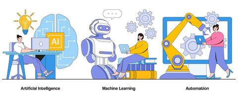 kunstmatig intelligentie, machine aan het leren, automatisering concept met karakter. slim technologie abstract vector illustratie set. efficiëntie, innovatie, intelligentie- metafoor