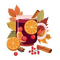 herfst heet overwogen wijn in een glas mok met oranje plak, kaneel stok, en bessen bladeren illustratie. vallen seizoensgebonden drinken met bladeren. schattig groet kaart, ansichtkaart ontwerp. vector