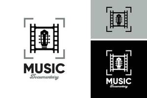 muziek- documentaire logo met gitaar hoofd filmstrip. film bioscoop fotografie muziek- logo ontwerp vector