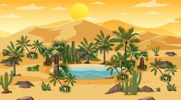 woestijn boslandschap bij zonsondergangscène met oase vector