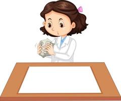 schattig meisje draagt wetenschapper uniform met blanco papier op tafel vector