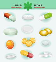 Pillen, capsules en geneeskunde Tablet-pictogrammen vector