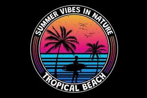 t-shirt tropische zomerse vibes in de natuur tropisch strand surfen retro vintage stijl vector