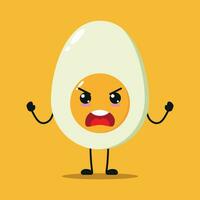 schattig boos voor de helft gekookt ei karakter. grappig woedend ei tekenfilm emoticon in vlak stijl. voedsel emoji vector illustratie